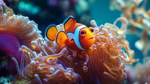 High-saturation clownfish rendered in detailed 3D coral anemone habitat