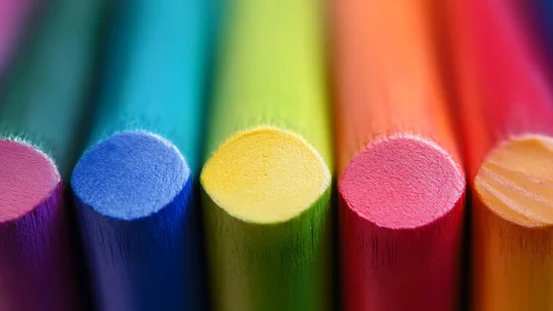 Colored pencil ends are aligned in tight horizontal formation