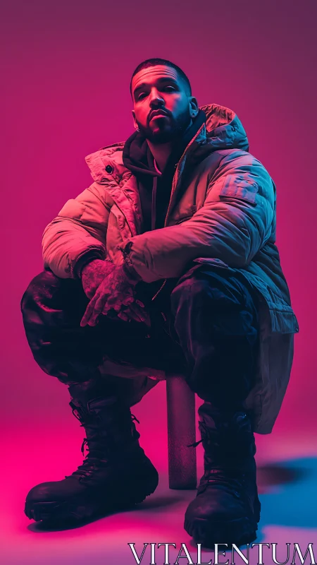 Portrait of hooded man in neon magenta and cyan glow.