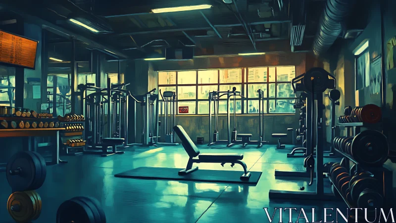 Digital painting portrays empty sunlit gym interior with weights.