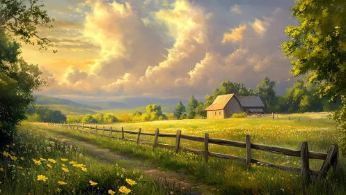 Rural meadow landscape with farmhouse under dramatic sky.