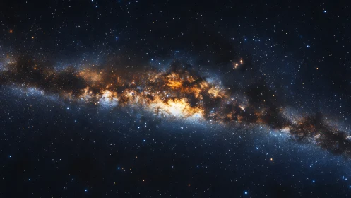 Starfields swirl while a molten galactic river quietly burns