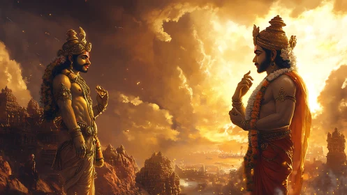 Divine warriors converse under a blazing mythic sunset sky