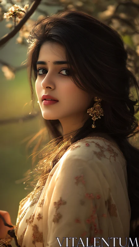 Portrait shows woman in embroidered attire under soft sunlight
