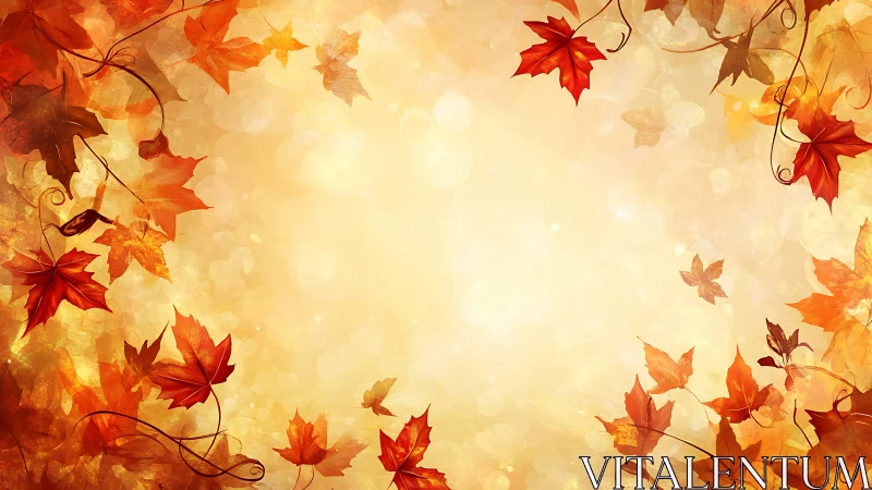 Autumn maple leaves swirl around glowing golden bokeh sky