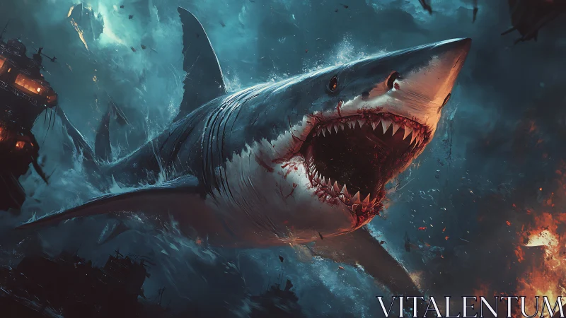 Giant breaching shark rendered in cinematic digital chaos