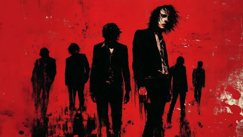 Shadowy suited figures emerge against a violent red haze