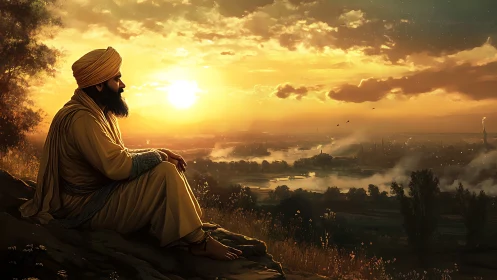 Solitary turbaned figure contemplates a glowing river sunset.