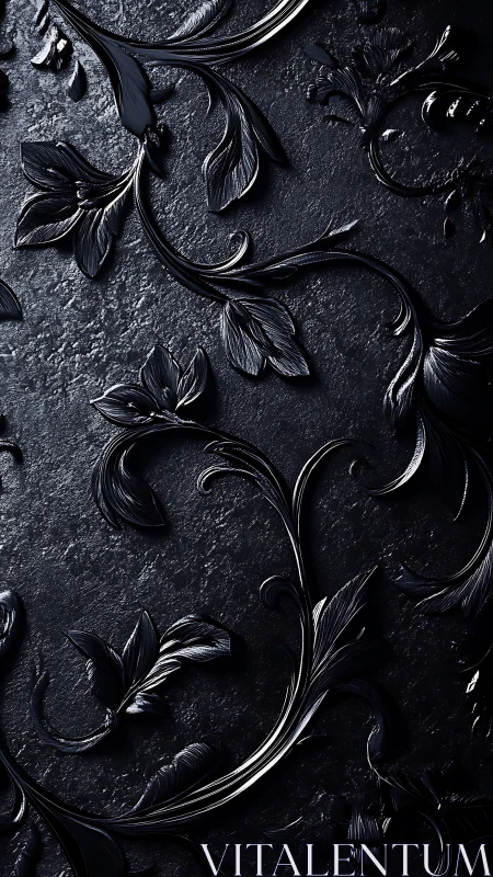 Black embossed floral scrolls curve across textured surface