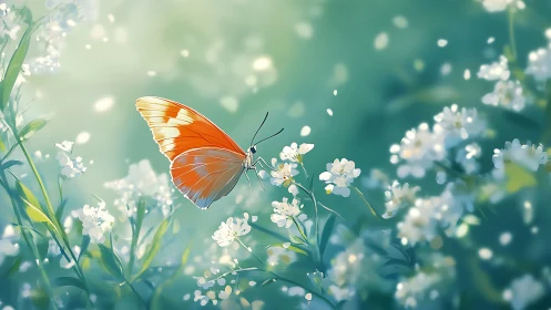 Orange butterfly rests on white wildflowers in soft focus field