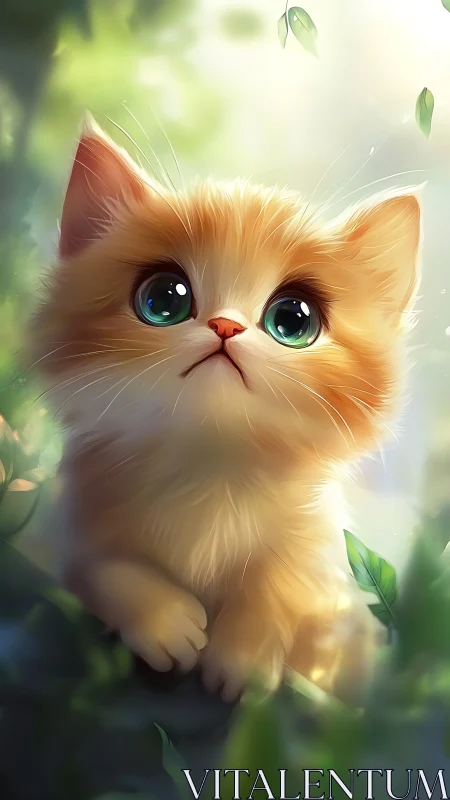 Orange kitten with green eyes among leafy surroundings.