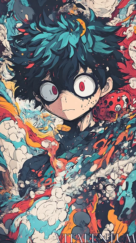 Explosive anime portrait with turbulent abstract energy fields