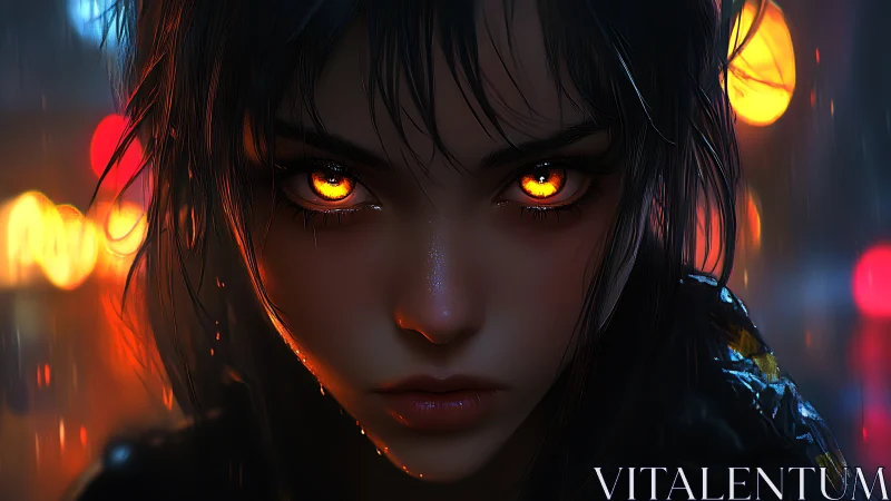 Fierce city wanderer with glowing ember eyes in rain.