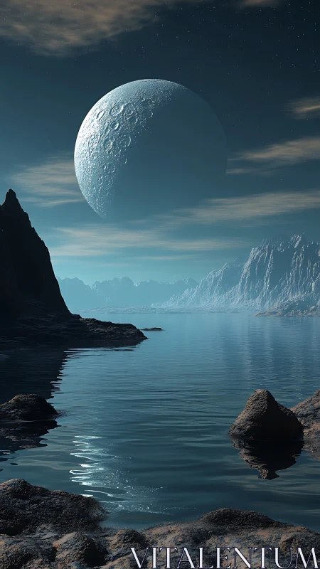 Digital rendering depicts cratered moon over calm alien sea