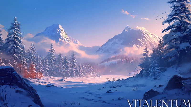 Sunlit alpine peaks rise over tranquil winter valley.