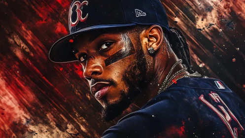 Intense baseball portrait glows against a fiery abstract storm