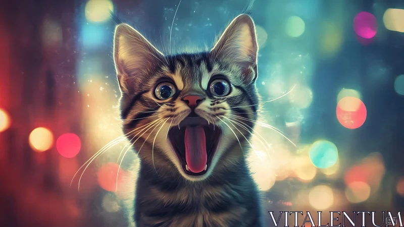 Wide-eyed tabby kitten yowls against neon city bokeh