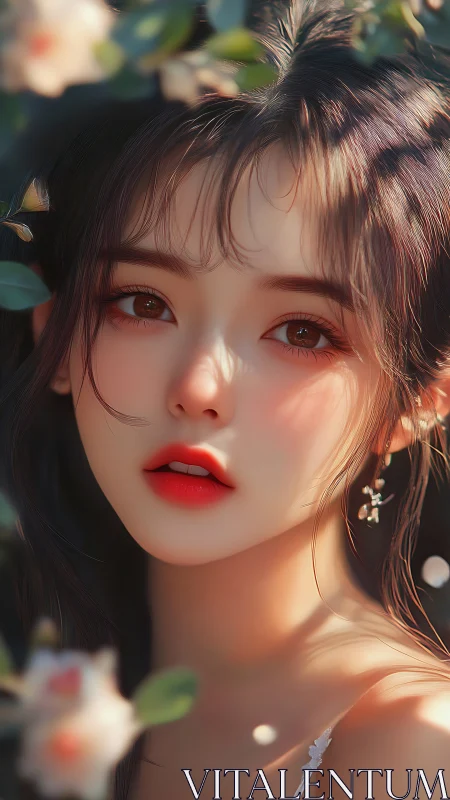 Digital portrait of young woman framed by soft foliage.