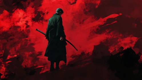 Solitary swordsman stands before dense abstract red field