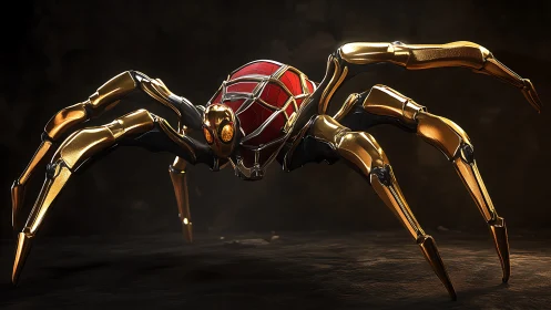 Gold cybernetic spider with red core under dramatic light.