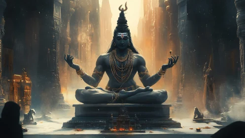 Large seated deity statue in symmetrical stone temple space.