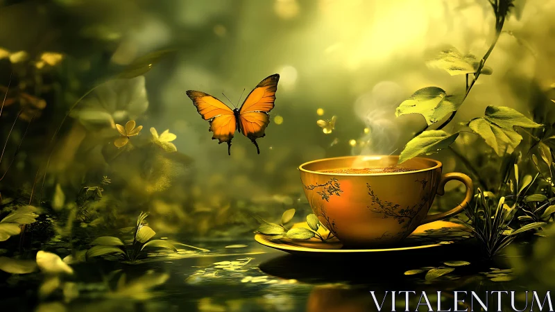 Enchanted forest teacup glows as butterflies sip the light.