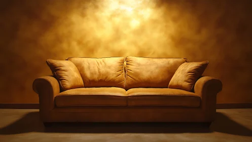 Cozy golden sofa glowing softly in a warmly lit room.