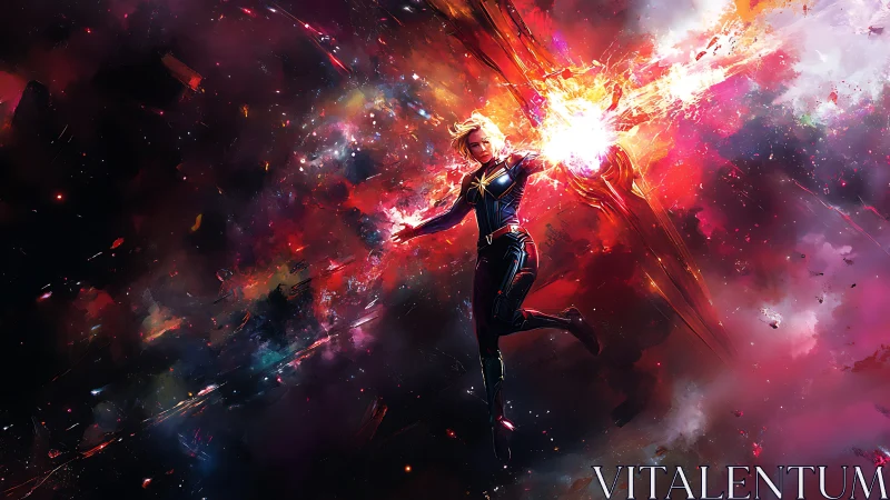 Cosmic powered figure in vibrant nebula energy field.