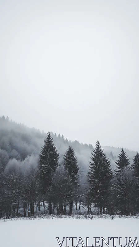 Winter pines stand watch as fog quietly erases the distant hills