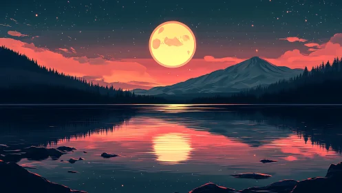 Full moon over lake with mountain and red dusk sky.
