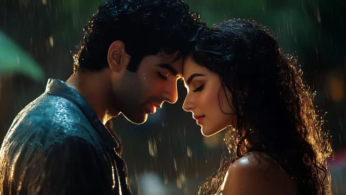 Intimate Profile: Couple in Rain with Golden Rim Lighting and Soft Focus
