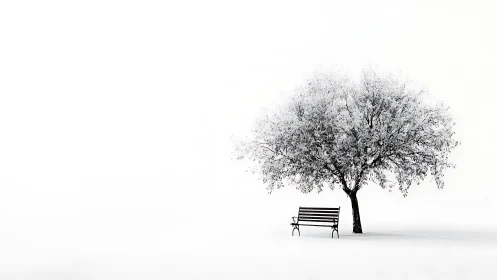 Minimalist winter bench and tree in high-key composition.