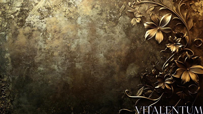 Metallic floral relief on textured dark gold background.