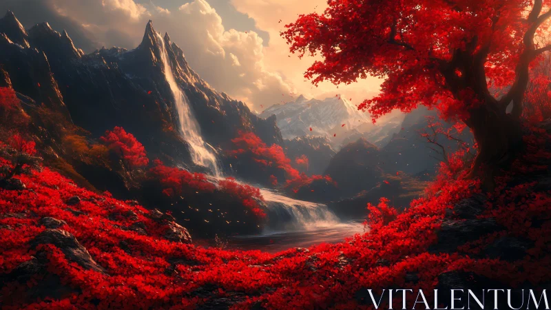 Red forest surrounds mountain waterfall under warm sunset light