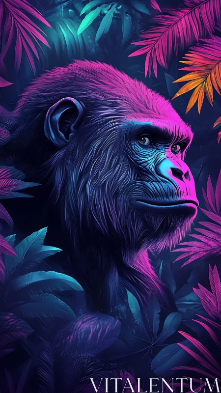 Neon jungle gorilla in chromatic foliage, digital painting.