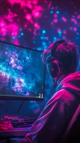 Gamer uses RGB-lit setup while viewing neon cosmic landscape