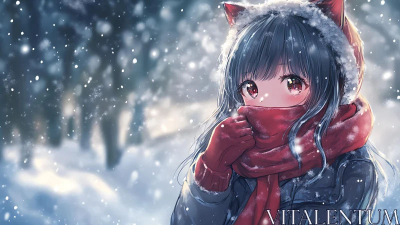 Snowfield portrait of scarfed anime girl with bokeh snowfall.
