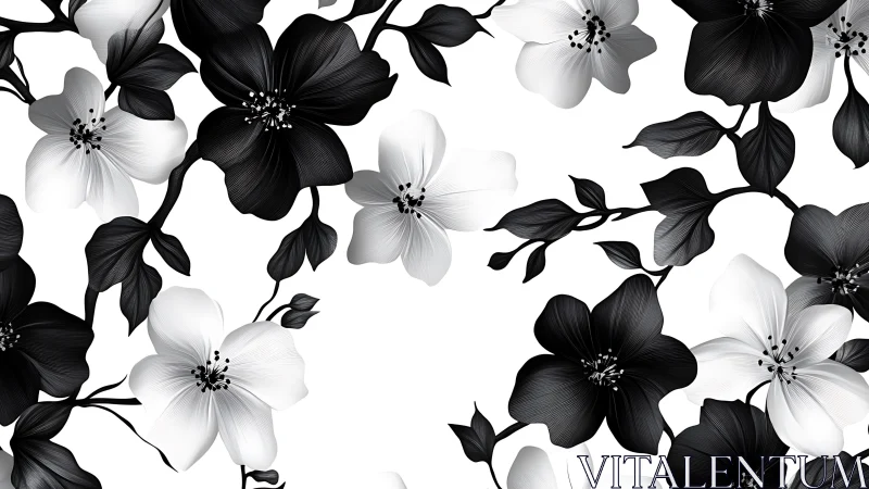 Black and White Floral Pattern with Blooming Flowers and Leaves