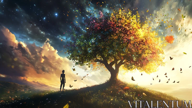 Solitary figure watches luminous tree under swirling sky