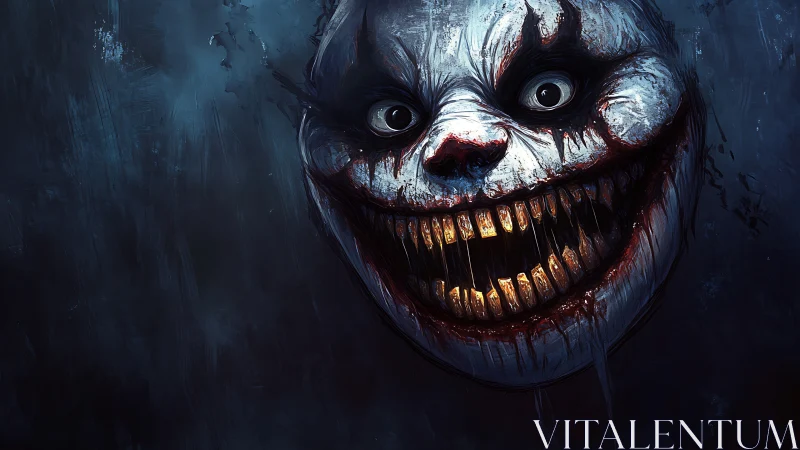 Grotesque clown face with wide bloody grin in darkness.