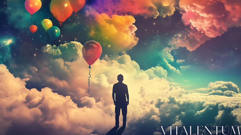 Silhouette Dreamer Wanders Through Balloon-Lit Cosmic Clouds.