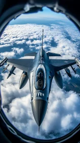 Steel predator skims cloud oceans in a cockpit keyhole frame.