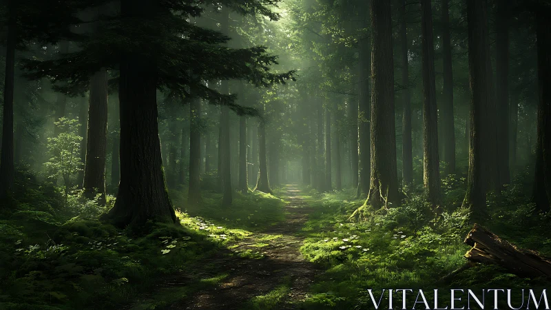 Ancient Temperate Forest Corridor with Atmospheric Volumetric Lighting