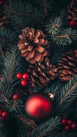 Macro study of red bauble, pinecones, and evergreen boughs