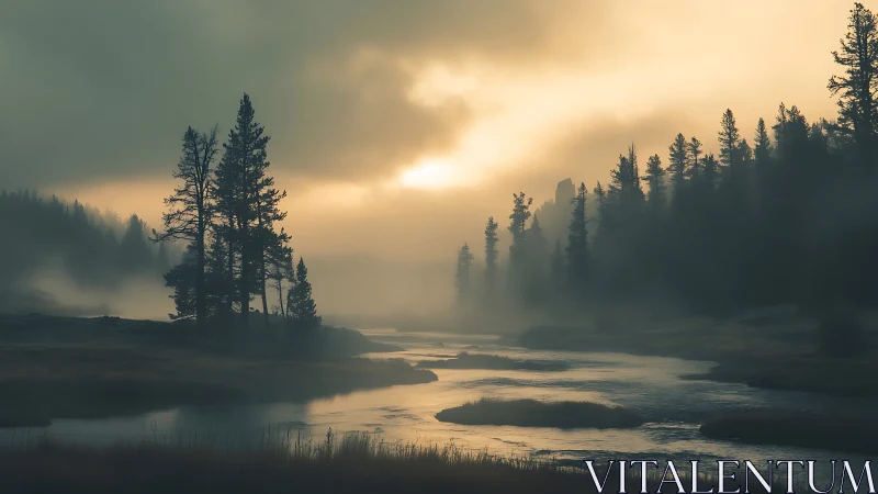 Low-contrast river valley at dawn with dense atmospheric fog layers