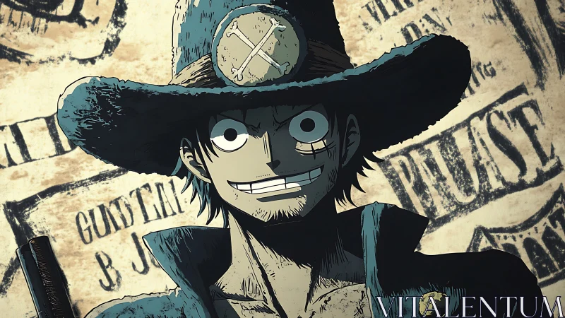 Grinning outlaw captain amid tattered wanted legends.