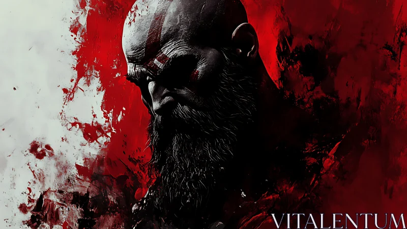 Grim bearded warrior portrait in red abstract digital field