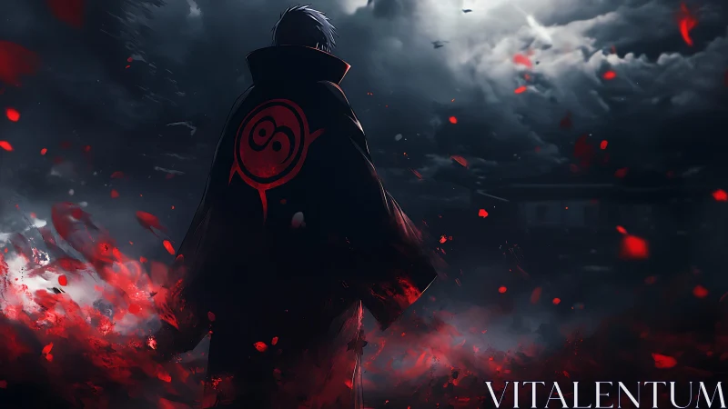 Backlit cloaked figure in stormy nightscape with red embers