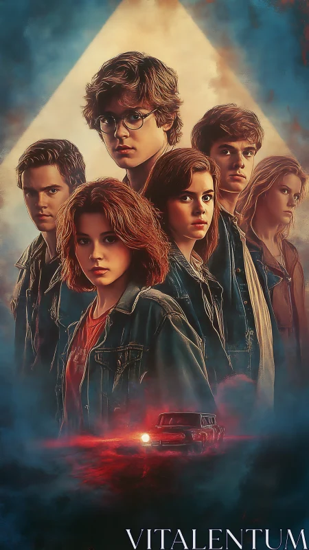 Teen group portrait stands over foggy car in red light