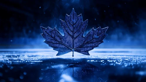 Backlit blue maple emblem on frozen rink with digital texture